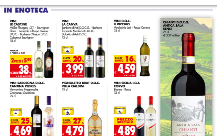 Carrefour Esselunga Il Gigante e Tigros cambio promo per i vini a volantino