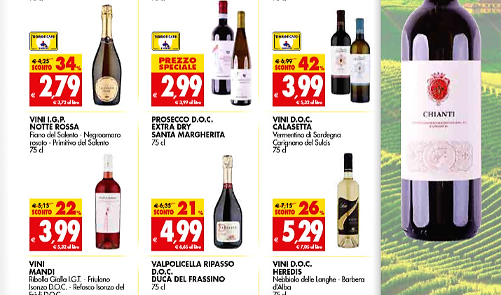Fine giugno da da 6 per il vino in promozione sui volantini dei supermercati