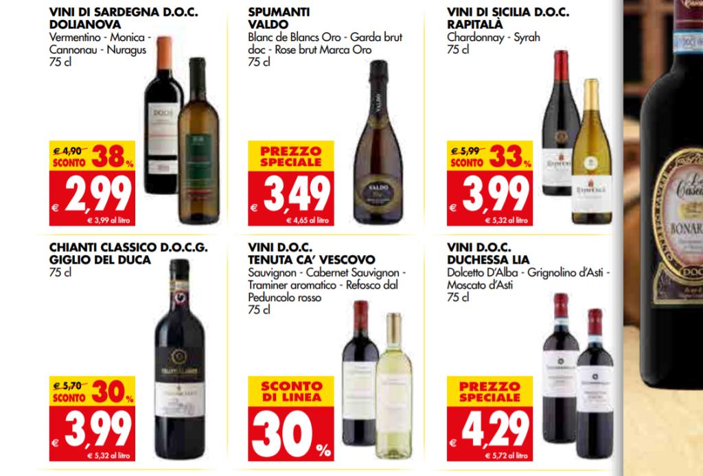 Scarsa offerta di vini in promozione al supermercato a fine novembre