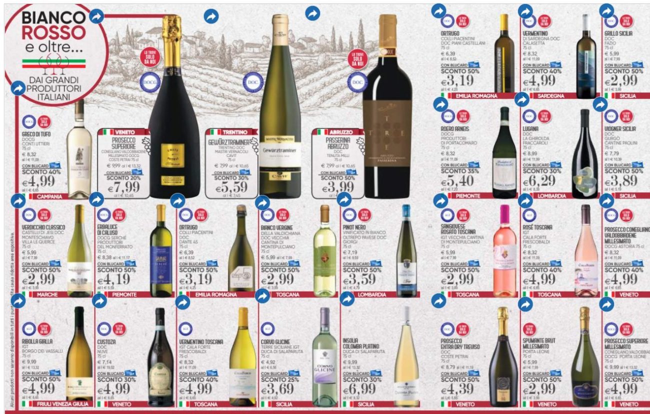 Tra i Sottocosto la spunta Il Gigante valanga di vini da 5 cestelli color Bianco Rosso e oltre...
