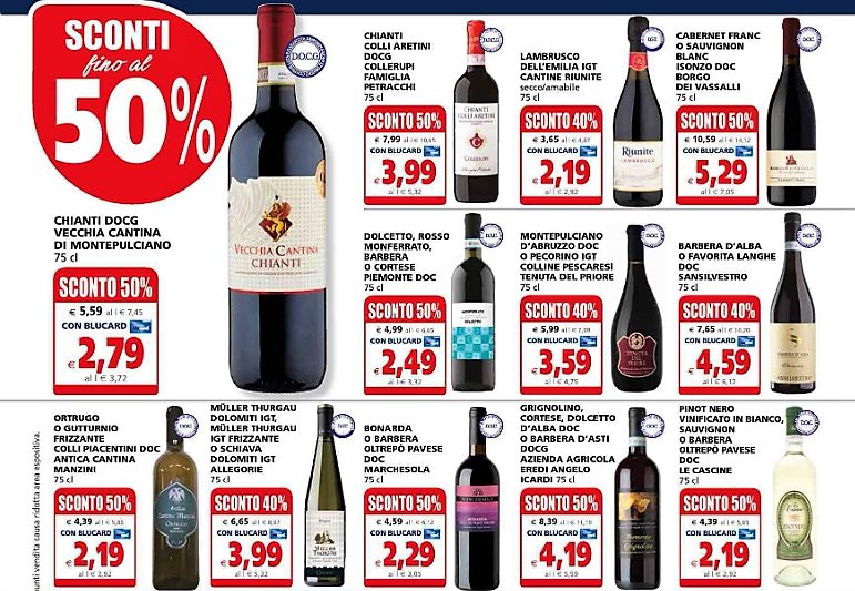 Vino protagonista sui volantini destate dei supermercati italiani