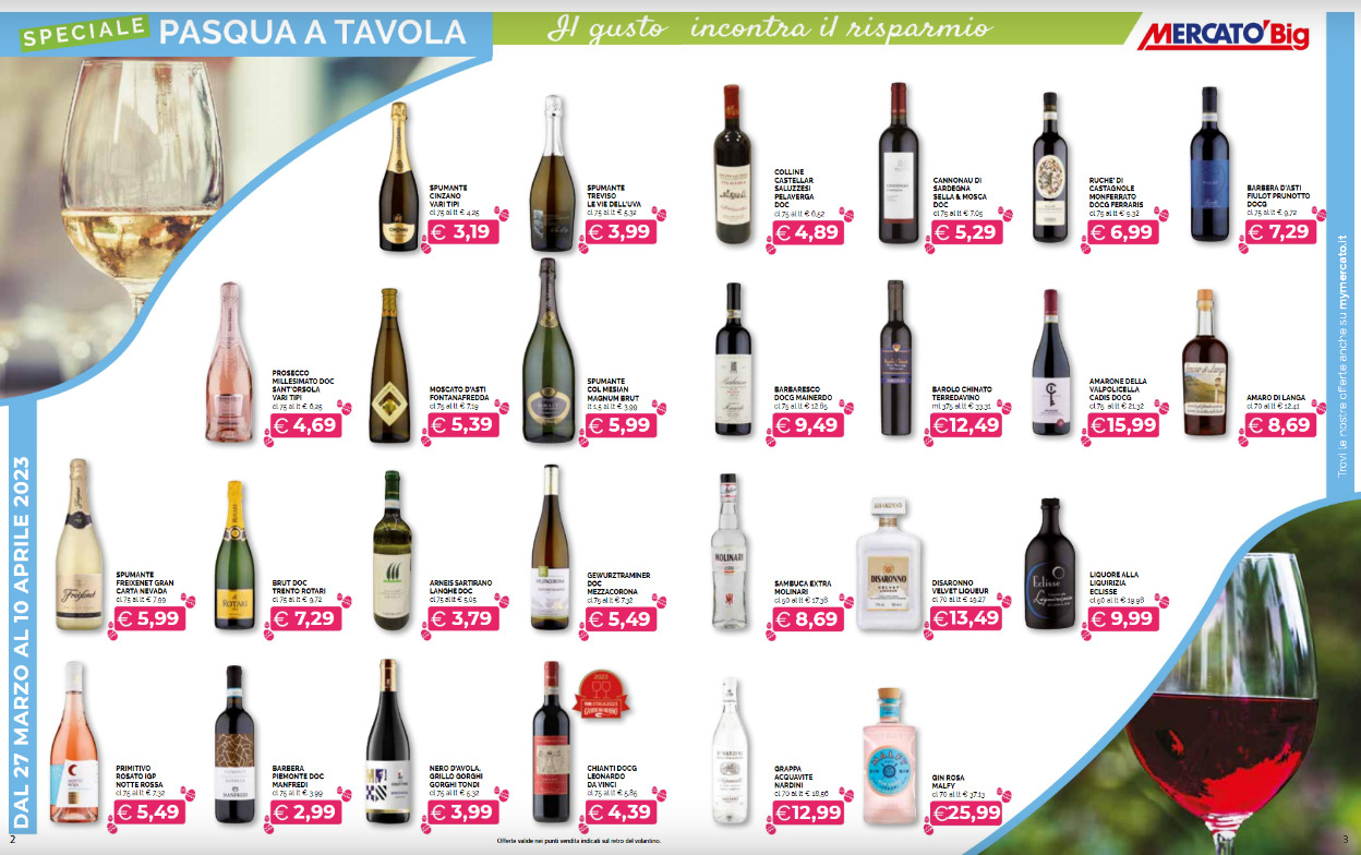 Volantini dei supermercati ricchi di vino in promozione, verso Pasqua 2023